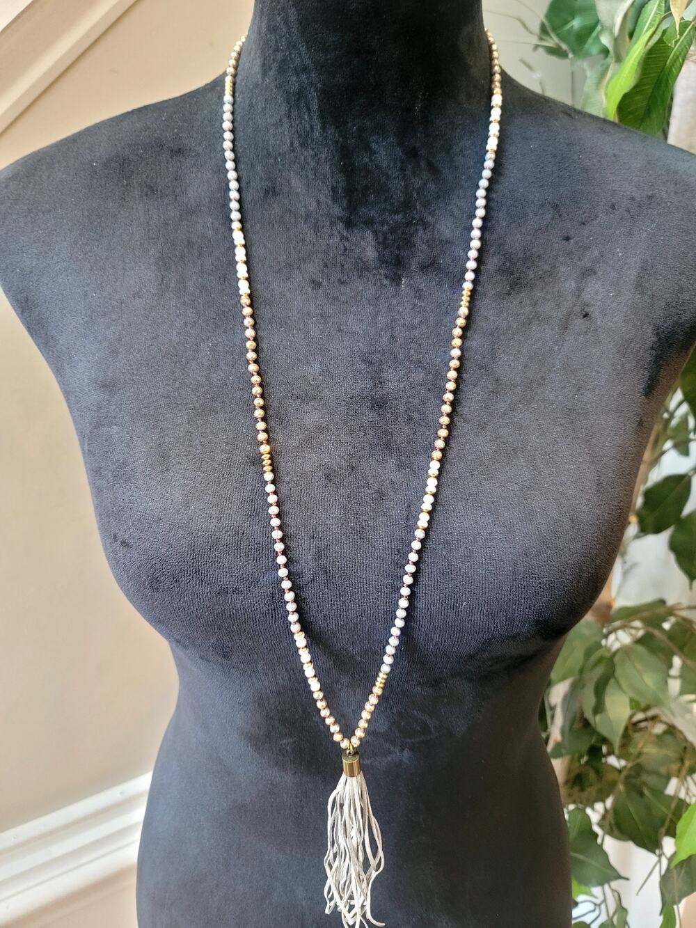 White & Gold Beaded Tassel Necklace Long Strand Boho Layered Statement 32"